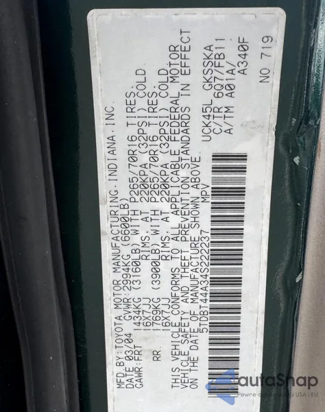 2004 Toyota Sequoia Sr5 из США, поврежденный, VIN 5TDBT44A34S222237